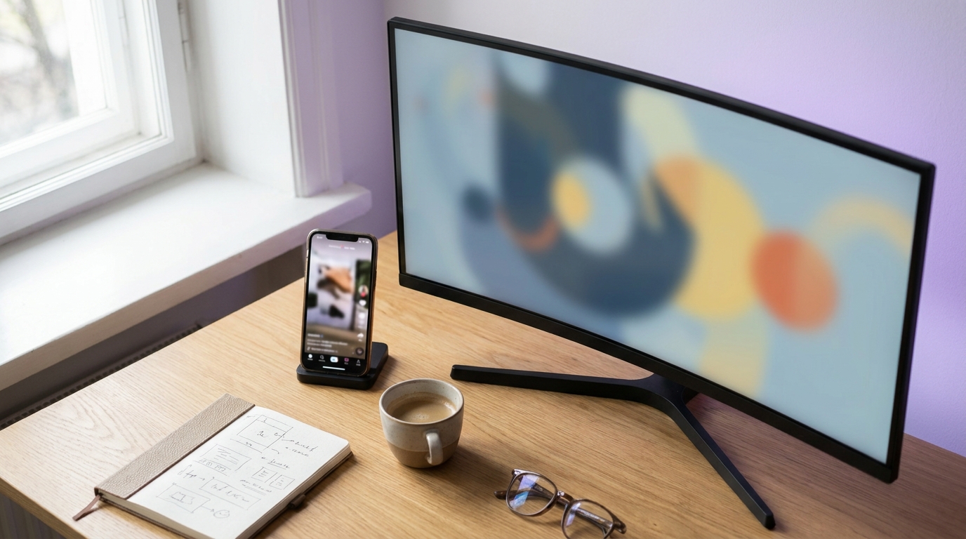 Creative desk with motion graphics on screen and phone