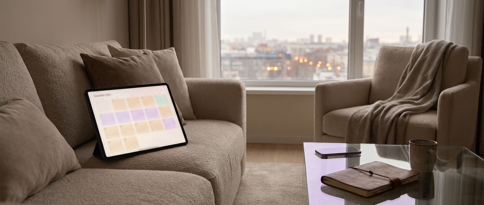 Evening apartment with glowing content calendar on a tablet
