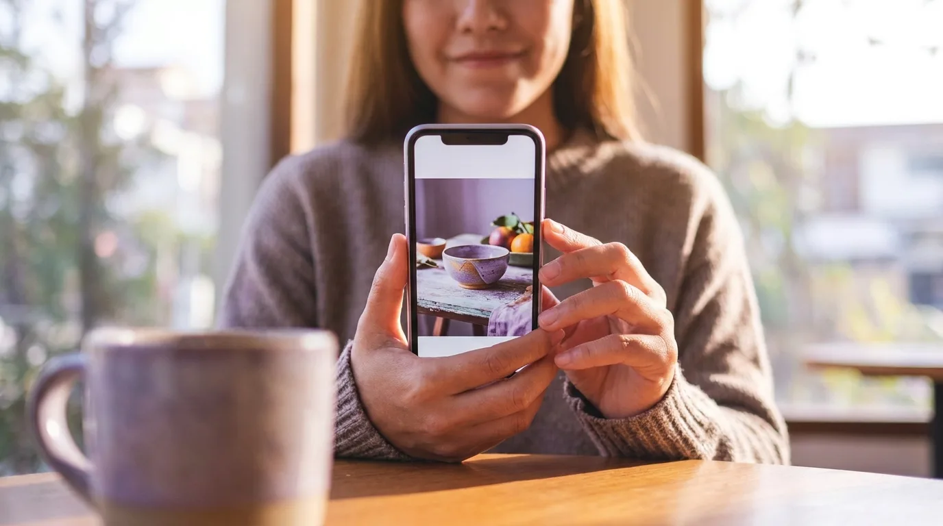 Una persona al bar che guarda una foto prodotto sul telefono: l’immagine è il post