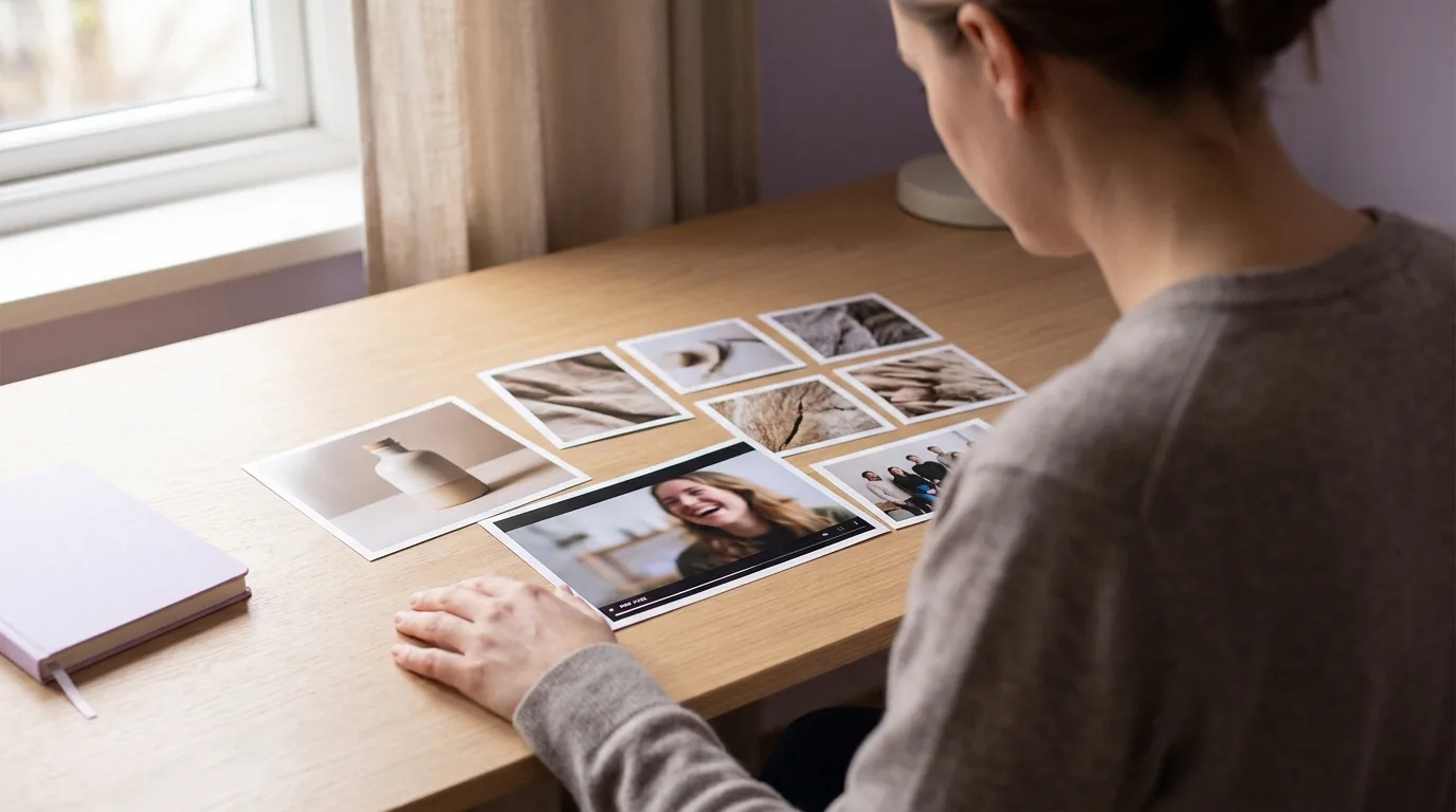 Stampe di still social e un fotogramma video sul tavolo, da guardare più che da leggere